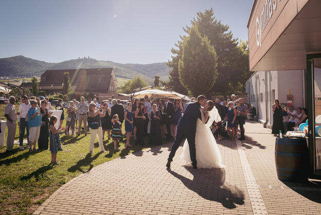 Mariés accueillis par les invités au vin d'honneur